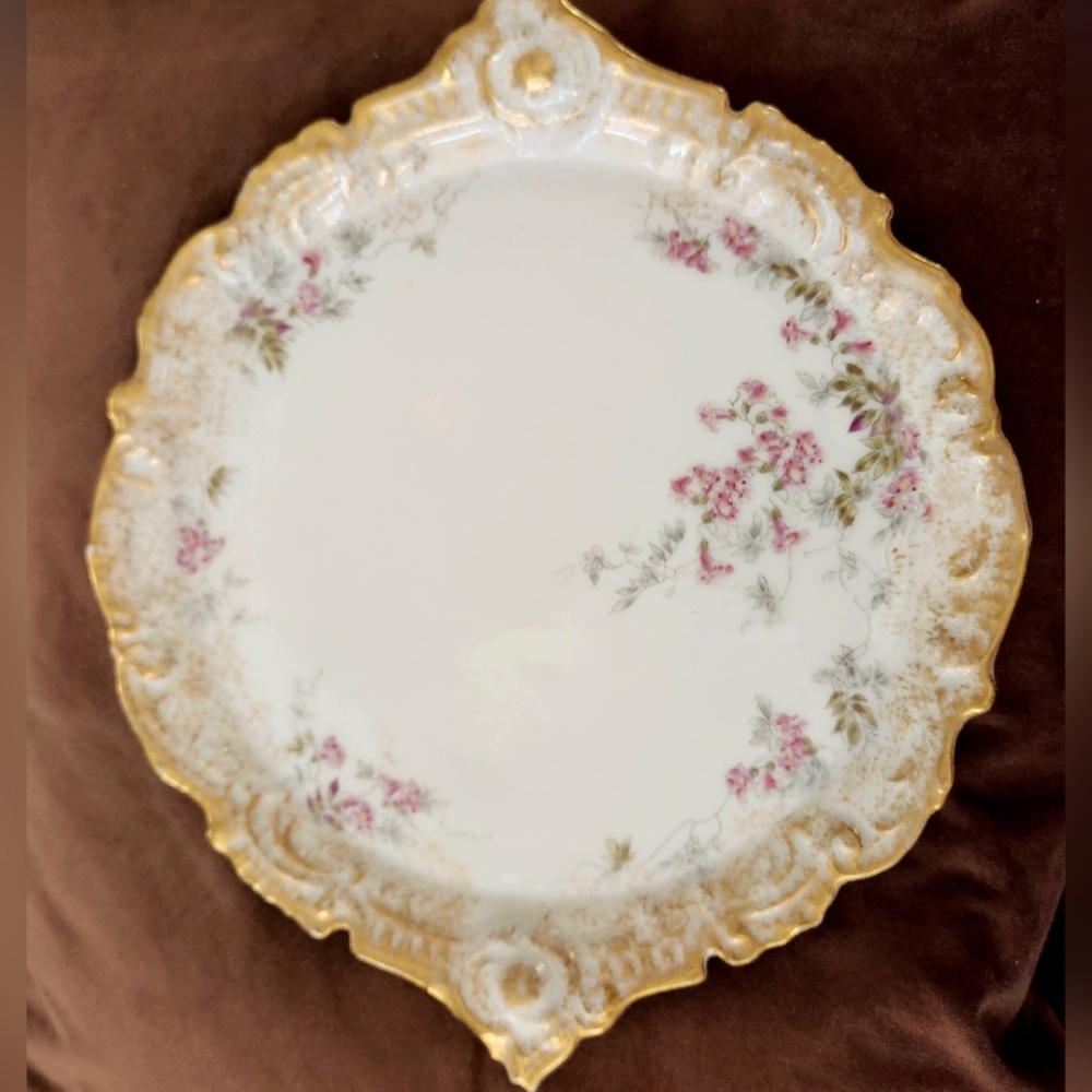 Limoges France Antique Elegant Gold and Pink Floral Platter- 13" - Excel Cond